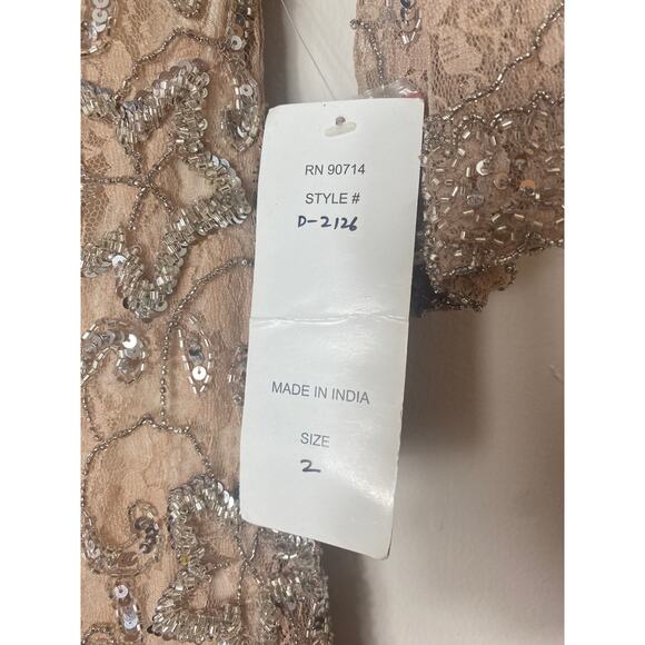 PISARRO NIGHTS DRESS 2 TAN BEIGE GOWN MOB FALL EVENING LONG FORMAL SEQUIN BEADED - Picture 5 of 16
